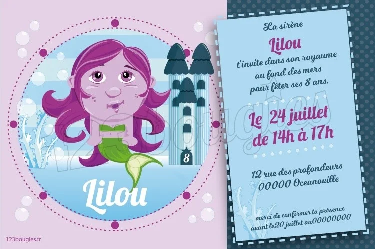 Carte d'invitation anniversaire enfant petite sirène - Fête